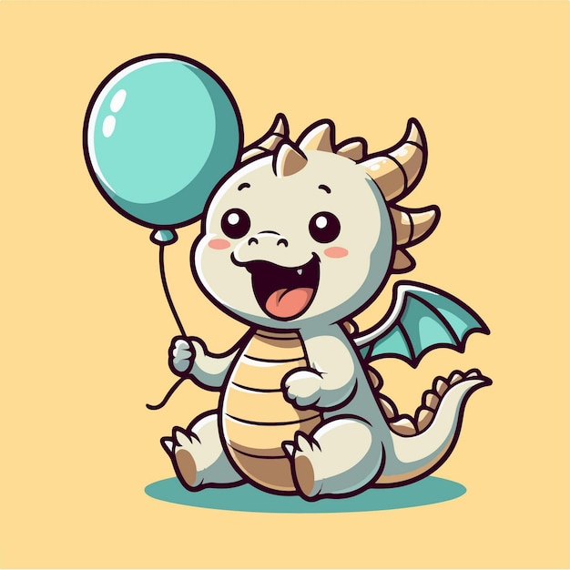 vector cartoon cute happy baby dragon carrying balloons