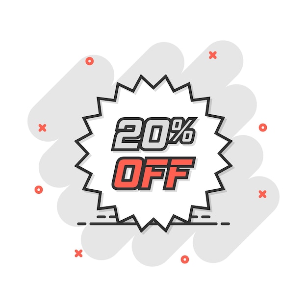 Vector cartoon discount sticker icon in comic style Sale tag illustration pictogram Promotion 20 percent discount splash effect concept