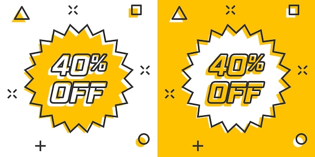 Vector cartoon discount sticker icon in comic style Sale tag illustration pictogram Promotion 40 percent discount splash effect concept