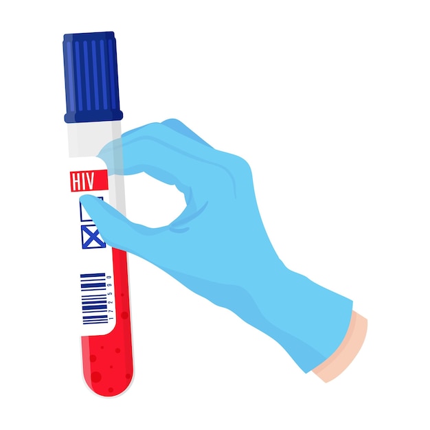 Vector cartoon doctors hand in blue glove holding test tube with blood. Protection against AIDS and HIV.