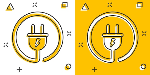 Vector cartoon electric plug icon in comic style Power wire cable sign illustration pictogram Wire business splash effect concept