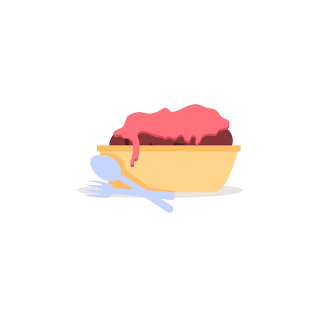 Vector cartoon flat cake with frosting in bowl isolated on empty background-sweet shop,restaurant and cafe dishes,food delivery service concept,web site banner ad design