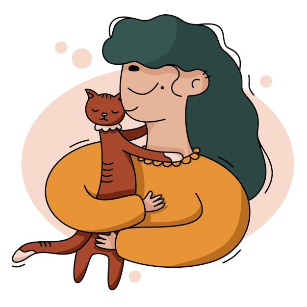 Vector cartoon flat illustration Girl with a cat Girl hugging a kitten