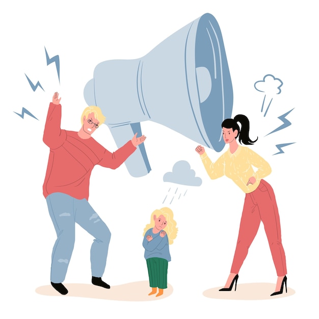 Vector vector cartoon flat parents characters quarreling,while upset unhappy child watching.healthy family relationships,emotions,social behavior and psychology concept,web site banner ad design