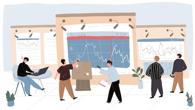 Vector vector cartoon flat trading businessman characters at work.financial analysts traders looking at billboard screens,examining,analyzing,discussing charts,market quotes,stock prices,indexes