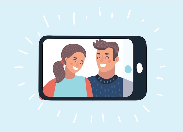 Vector cartoon funny illustration of taking selfie on smartphone on blue background. Young couple taking selfie photo together with mobile phone. Object on isolated background.