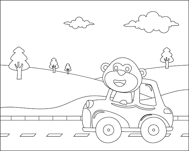 Vector cartoon of funny monkey driving car in the road with village landscape colouring book or page