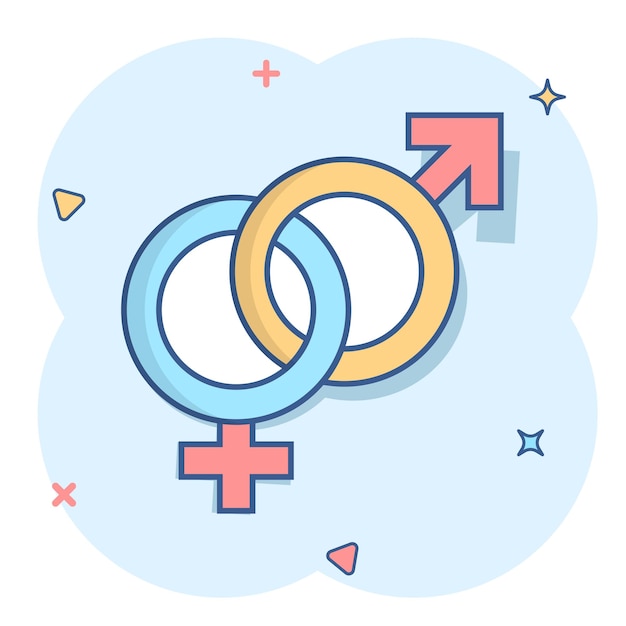 Vector cartoon gender icon in comic style Men and women sign illustration pictogram Sex business splash effect concept