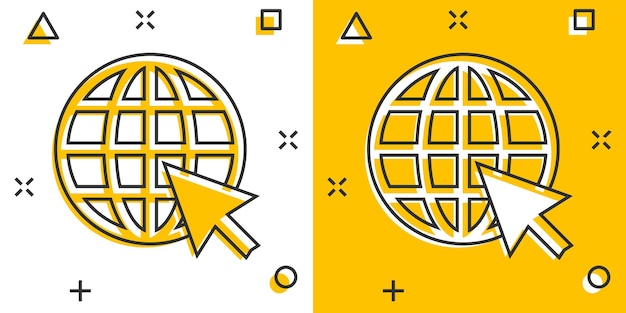 Vector cartoon go to web icon in comic style Globe world sign illustration pictogram WWW url business splash effect concept