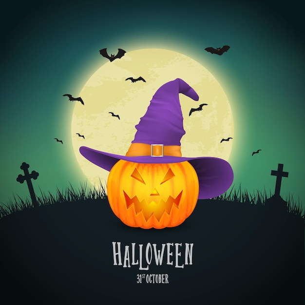 Vector Cartoon Halloween Pumkin Lantern with Funny Face and Witch Hat on Night Glowing Moon Background Bats Cemetery Design Template of Realistic Pumkin Autumn Holidays Halloween Concept