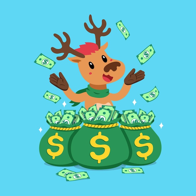 Vector cartoon happy christmas reindeer with money bags