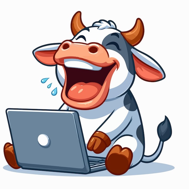 vector cartoon happy cow playing laptop