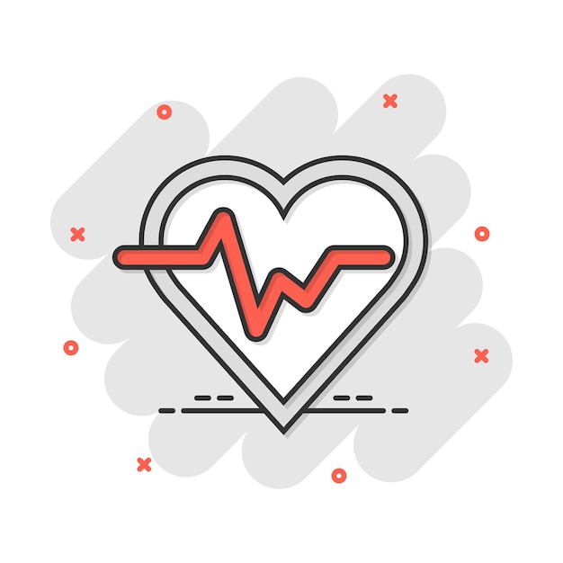 Vector cartoon heartbeat line with heart icon in comic style Heartbeat concept illustration pictogram Heart rhythm business splash effect concept