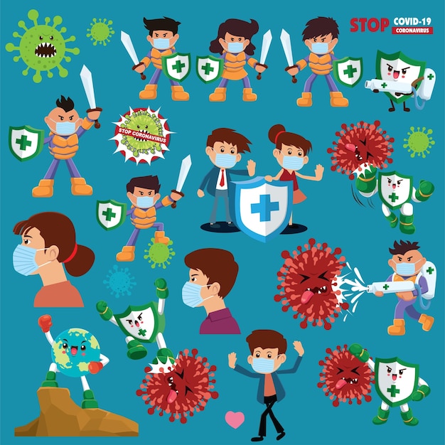 Vector cartoon hero character fighting with virus