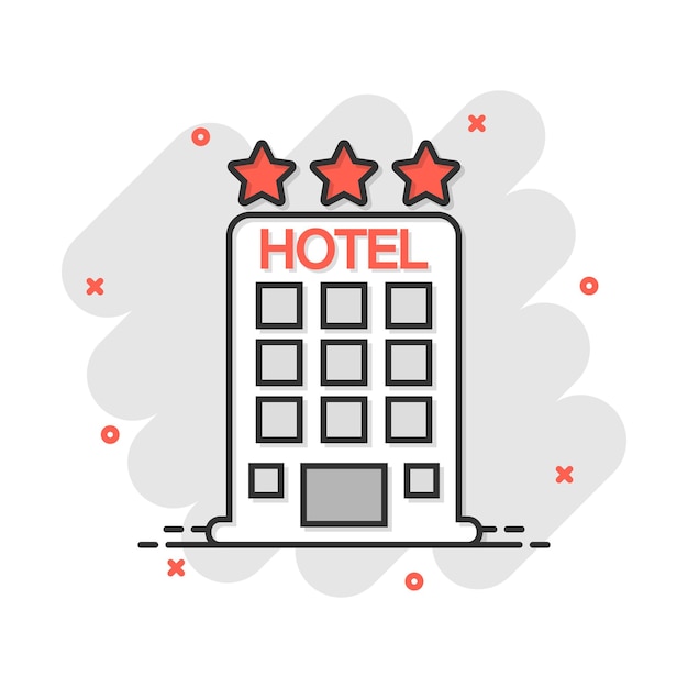 Vector cartoon hotel icon in comic style Tower sign illustration pictogram Hotel apartment business splash effect concept