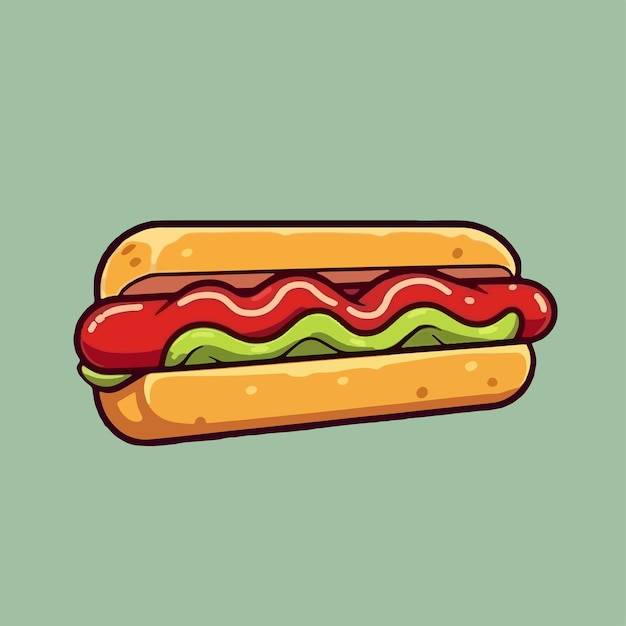 Vector cartoon icon illustration of a hotdog flat design for spicy bread and sausage food with sauce