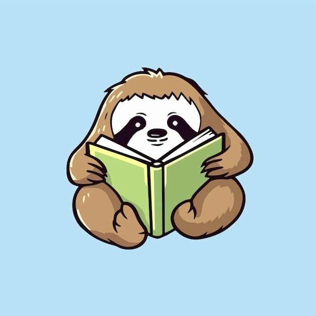 Vector cartoon icon illustration of a lazy sloth reading a book in a flat style