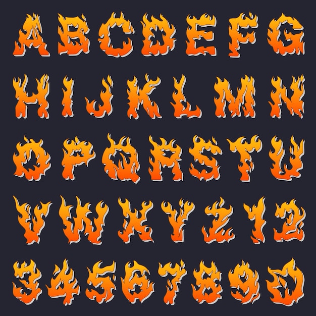 Vector cartoon icons set of orange flaming numbers