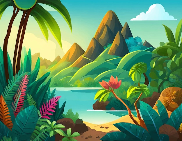 Vector cartoon illustration of background morning jungle Bright jungle with ferns and flowers