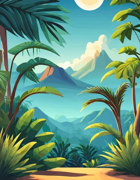 Vector cartoon illustration of background morning jungle Bright jungle with ferns and flowers