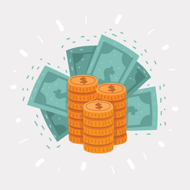 Vector cartoon illustration of Big stack of golden coins and dollar banknotes