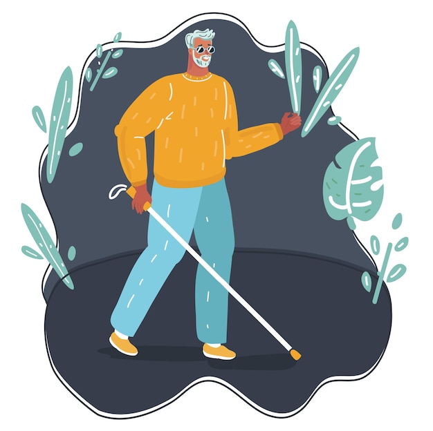 Vector cartoon illustration of Blind Man walking with cane in dark