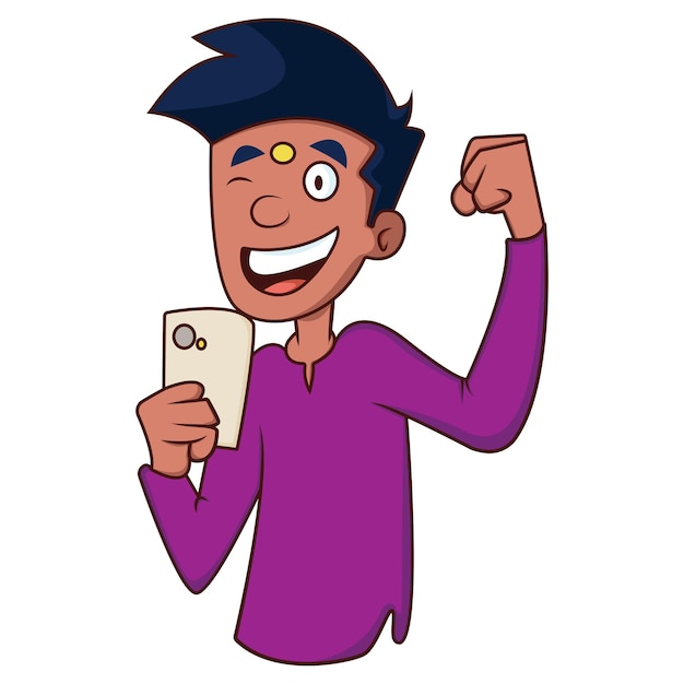 Vector cartoon illustration of boy is holding a mobile phone in hand