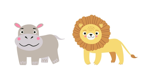 Vector cartoon illustration of cartoon cute safari animals - hippopotamus and lion on white background