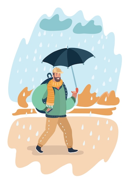 Vector cartoon illustration of casual man walking with umbrella under the rain Puddle and cloud