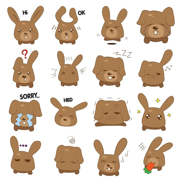 Vector cartoon illustration of cute bunny set