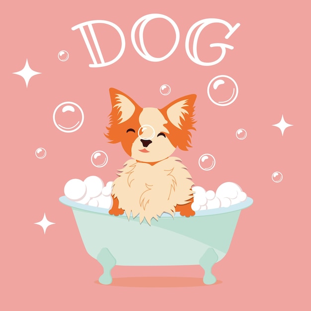 Vector cartoon illustration of a cute dog taking a bath. Pet care concept