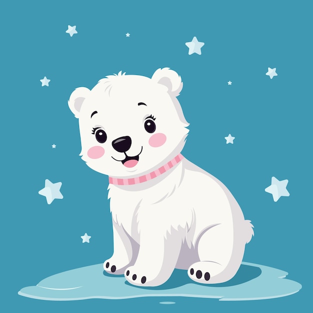 Vector vector cartoon illustration of a cute friendly polar bear on an ice floe in kawaii style