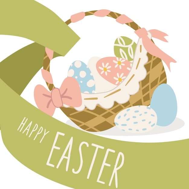 Vector cartoon illustration of an Easter card with a festive basket and colorful painted eggs inside