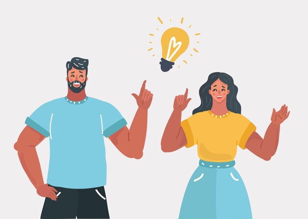 Vector vector cartoon illustration of good idea concept. people couple have solution. man and woman and light bulb sign.+