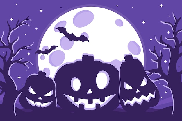 Vector cartoon illustration of Halloween Jack-o-Lantern pumpkins silhouette on the background of the full moon