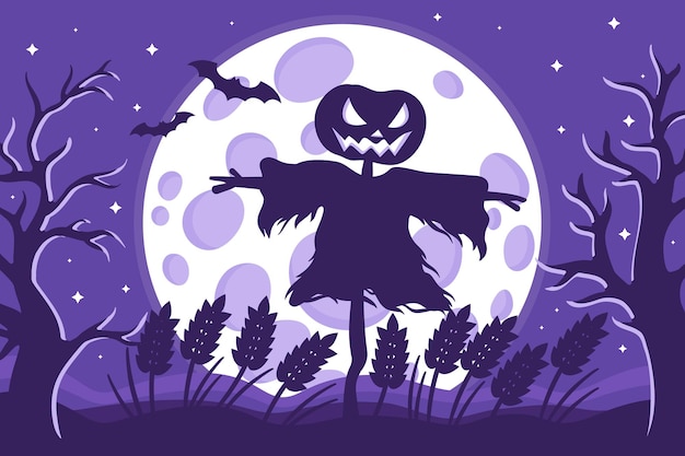 Vector cartoon illustration of Halloween scarecrow silhouette in a wheat field on a background of the full moon