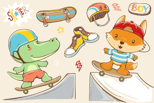 Vector cartoon illustration of hand drawn crocodile and fox playing skateboard skateboard elements cartoon