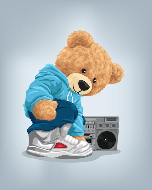 Vector cartoon illustration hand drawn teddy bear with tape recorder