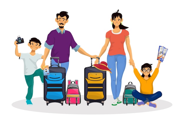 Vector cartoon illustration of happy family going to travel Dad mom and their children son and daughter Situation with characters