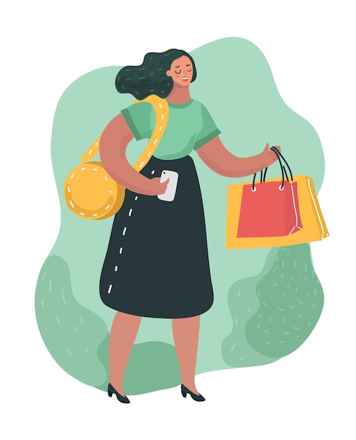 Vector cartoon illustration of Happy smiling woman shopping and buy ecological items