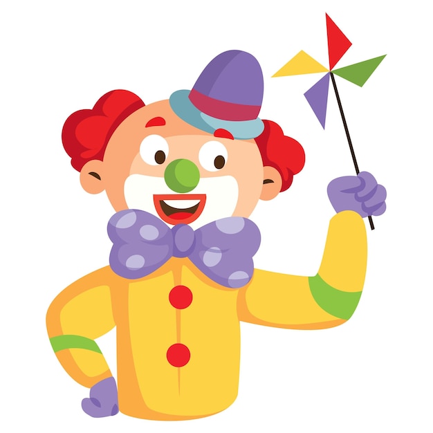 Vector cartoon illustration of joker is holding a rotating paper fan in hand