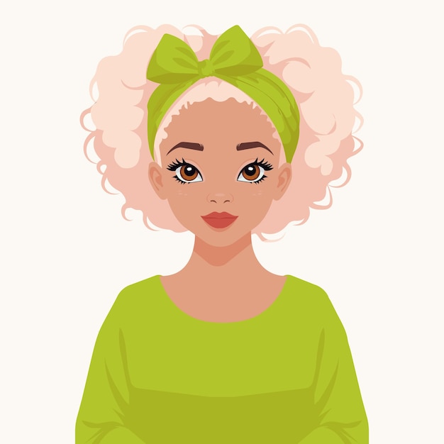 Vector vector cartoon illustration of a lovely girl with curly pink hair