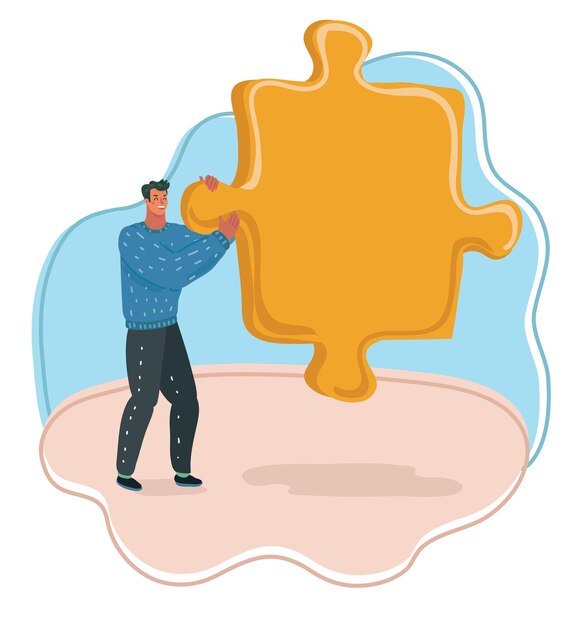 Vector vector cartoon illustration of man with big puzzle in his hands looking for solutions