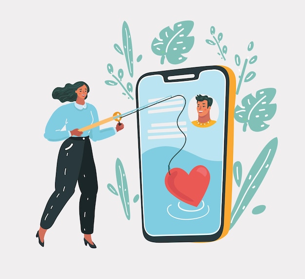 Vector cartoon illustration of Online dating. Couple, love, dating app, virtual love. Woman with love try to find love with heart road.