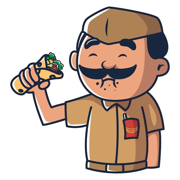 Vector cartoon illustration of postman eating food