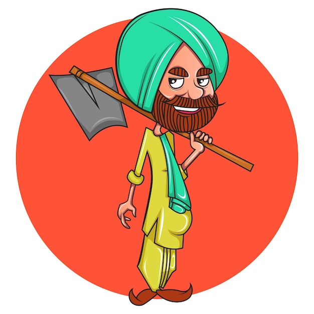 Vector cartoon illustration of punjabi farmer holding grape hoe