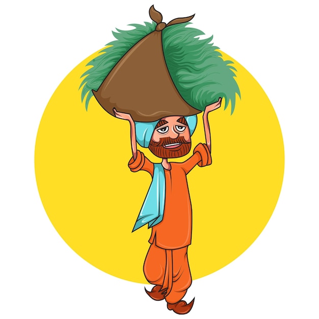 Vector cartoon illustration of punjabi farmer with bundle of grass