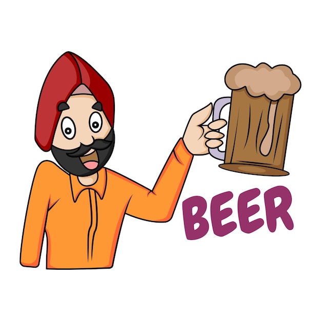 Vector cartoon illustration of Punjabi man holding beer glass in hand