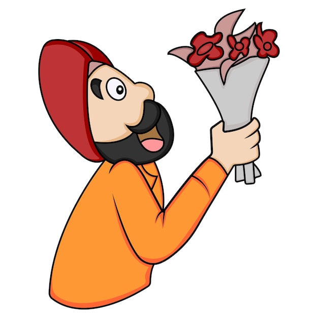 Vector cartoon illustration Punjabi man holding a flower bouquet in hand