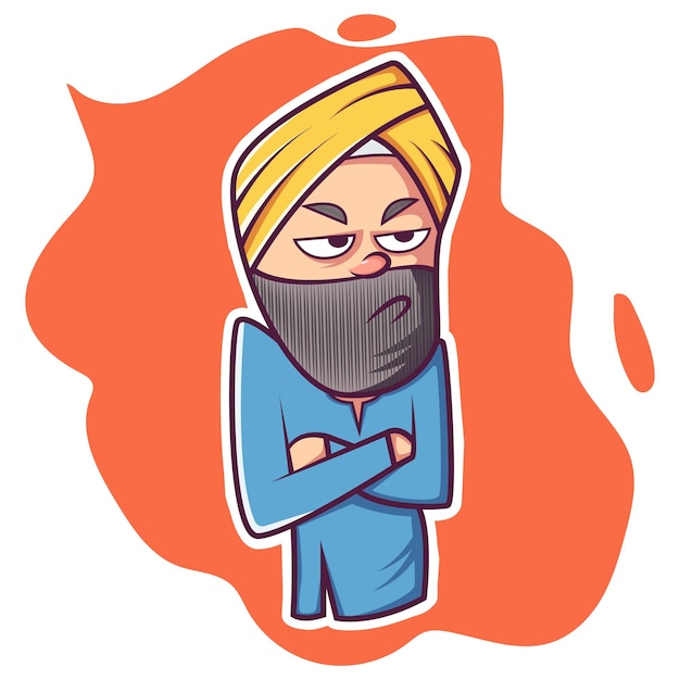 Vector cartoon illustration of Punjabi man standing with in crossed arms